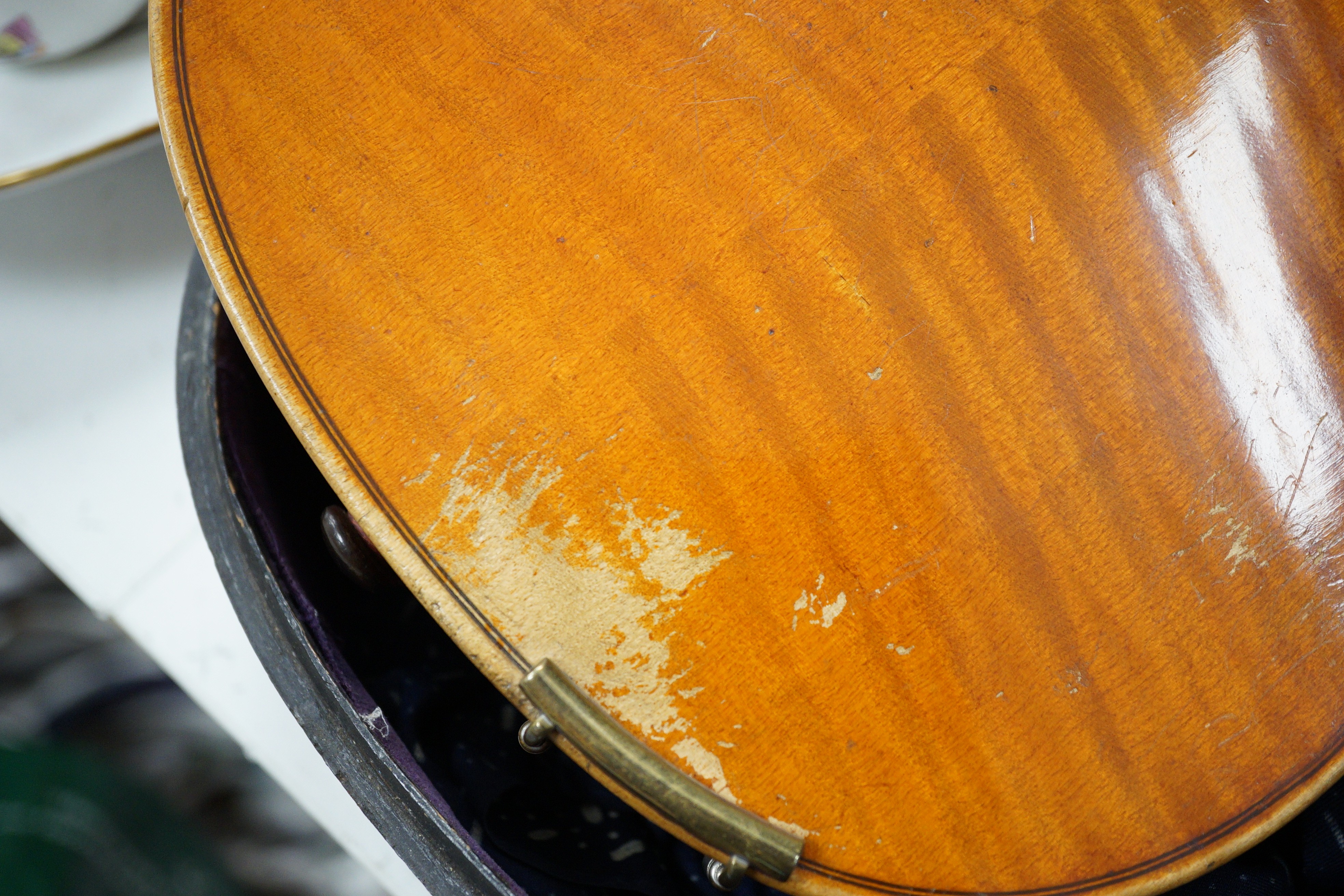 A violin with interior label reading ‘Copy of Richard Duke Fecit Dresdae: Anno 1889’ together with rosewood case. Back measures 36cm